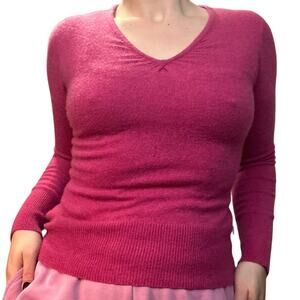 Y2K Apt 9 Medium 100% Cashmere Fuchsia Hot Pink V Neck Sweater Long Sleeve